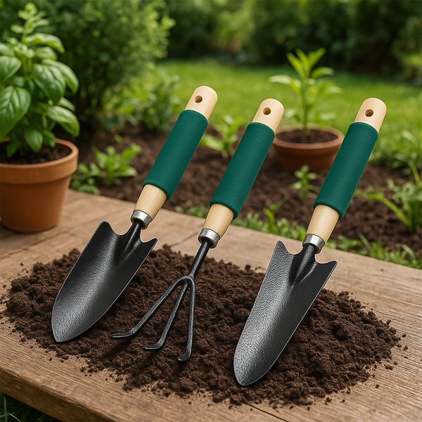 Gardening Tools - Hand Cultivator, Trowel, Heavy Duty with Ergonomic Wooden Handle for Transplanting and Digging (3 Pcs Set)